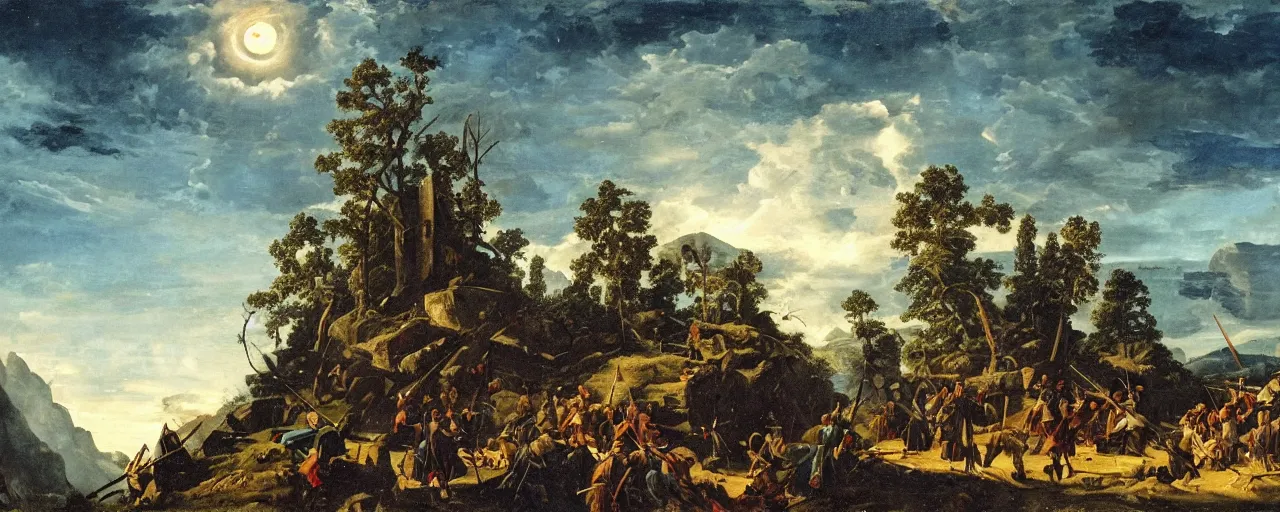 Prompt: portrait, mountain battles, vyverns, maritime pine, knights, spears, fortress, siege, oaks, trees, architectural, colossal, lightning, temples, war, famine, death, wide angle, puffy clouds, skies behind, stars in sky, Stars, Moon, italian masterpiece, Ashford Black Marble, Obsidian globe, sculpture, baroque, draped with horrors and spines, drapes, ocher details, still life, Obsidian, portrait, render, artstation, ultra detailed