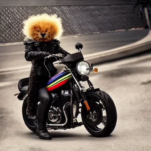 Image similar to wide angle full body, jacket wearing fluffy cute rainbow kitten wearing a black leather motorcycle jacket, riding on a motorcycle, cinematic concept art