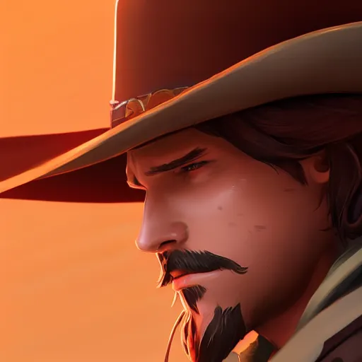 Image similar to a portrait of mccree from overwatch, closeup, art by lois van baarle and loish and ross tran and rossdraws and sam yang and samdoesarts and artgerm and saruei and disney, digital art, highly detailed, intricate, sharp focus, trending on artstation hq, deviantart, unreal engine 5, 4 k uhd image