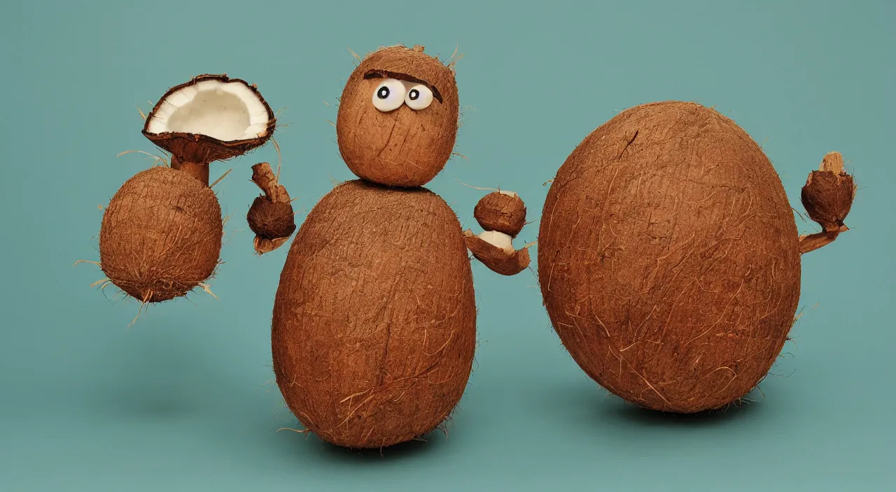 Prompt: A coconut with arms and legs