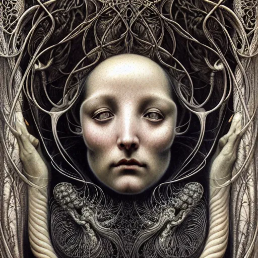 Prompt: detailed realistic beautiful death goddess face portrait by jean delville, gustave dore, iris van herpen and marco mazzoni, art forms of nature by ernst haeckel, art nouveau, symbolist, visionary, gothic, neo - gothic, pre - raphaelite, fractal lace, intricate alien botanicals, ai biodiversity, surreality, hyperdetailed ultrasharp octane render