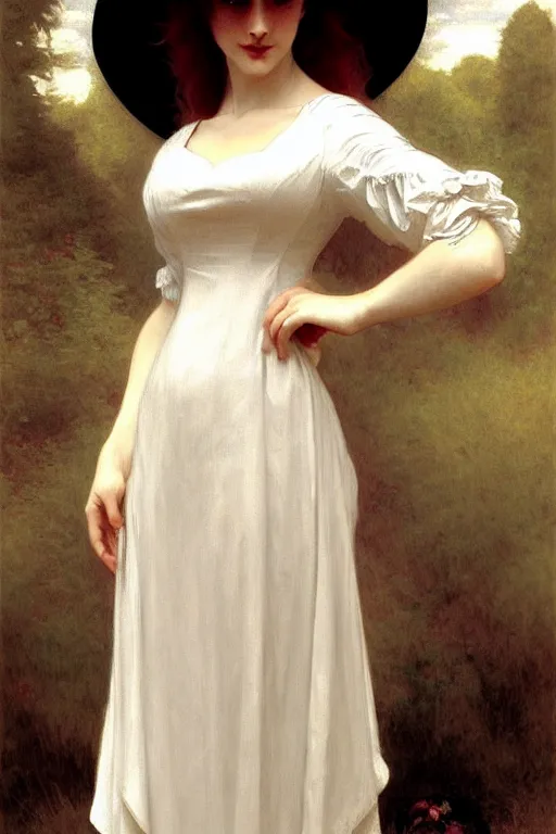 Image similar to victorian vampire in a big hat, white dress, painting by rossetti bouguereau, detailed art, artstation