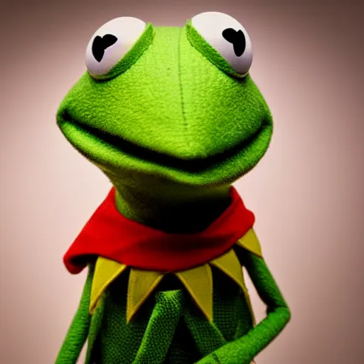 Image similar to kermit the frog looking sad and afraid at the camera, dark background, one hand is in mouth as a sign of fear