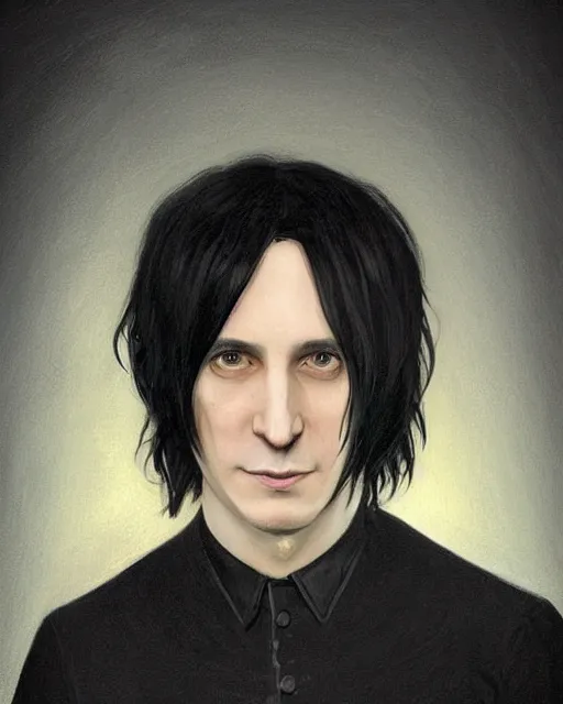 Image similar to portrait of a 3 2 - year - old man wearing black clothes, snape severus, with black, greasy, mid - length hair, hooked nose, dark brown eyes, yellow uneven teeth, highly detailed, digital painting, artstation, concept art, smooth, sharp focus, illustration, art by artgerm and greg rutkowski and alphonse mucha