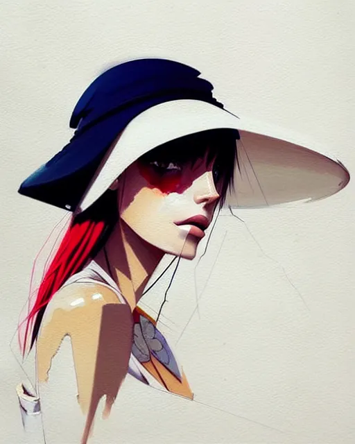 Prompt: a ultradetailed beautiful painting of a stylish woman wearing a white bucket hat, by conrad roset, greg rutkowski and makoto shinkai trending on artstation