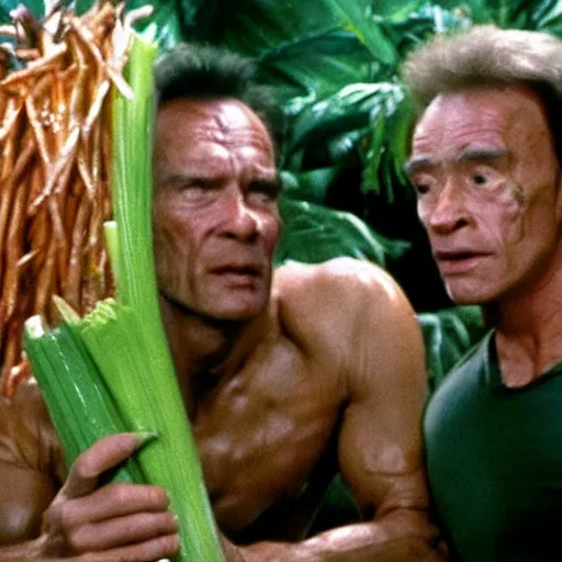 Image similar to a stick of celery with a face hunts arnold schwarzenegger in the film predator