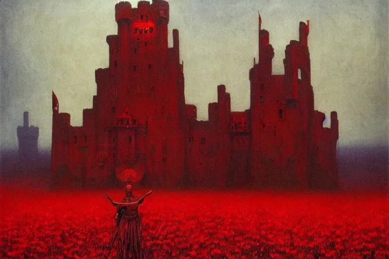 Image similar to only with red, red flowers, a red tiger, a castle in the background, medieval demons, an ancient path, in the style of beksinski, part by hopper, part by rodcenko, part by hofbauer, intricate composition, red by caravaggio, insanely quality, highly detailed, masterpiece, red light, artstation