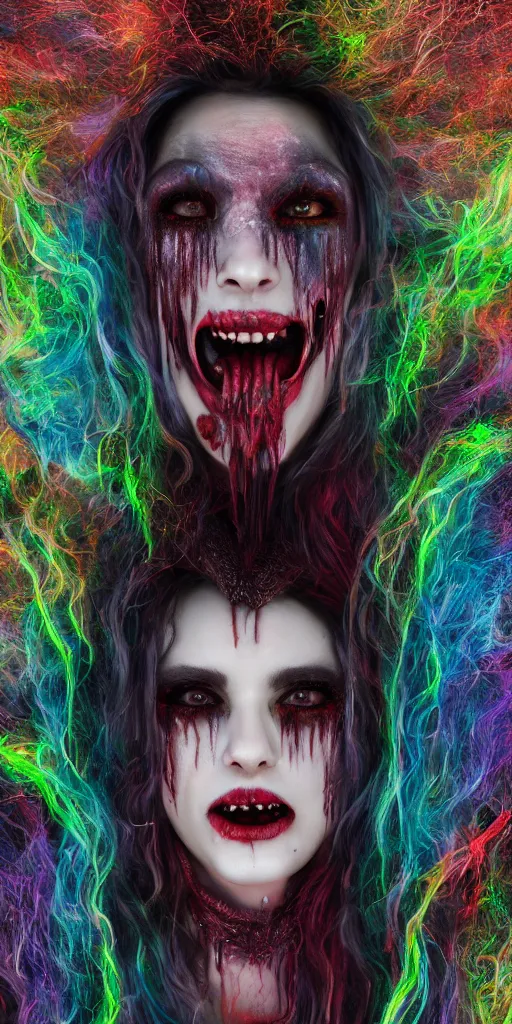 Prompt: impossibly beautiful vampire with large vampire fangs, full body, leather, intricate complexity, surreal horror, psychedelic glitch art, rainbow drip paint, trending on art station, photoreal, 8 k, octane render