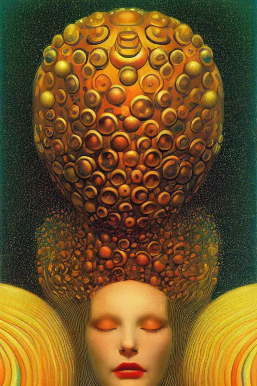 Image similar to art deco close up portait of mushroom head with big mouth surrounded by spheres, rain like a dream digital painting curvalinear clothing cinematic dramatic fluid lines otherworldly vaporwave interesting details epic composition by artgerm moebius francis bacon gustav klimt