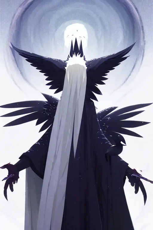 Image similar to raven headed warlock doing magic spells wind, white robes, finely detailed perfect face, exquisite details, mid view, design on a white background, by studio muti, greg rutkowski makoto shinkai takashi takeuchi studio ghibli