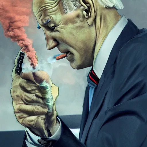 Image similar to joe biden smoking a rolled marijuana joint, amazing detail, realistic digital art, artstation