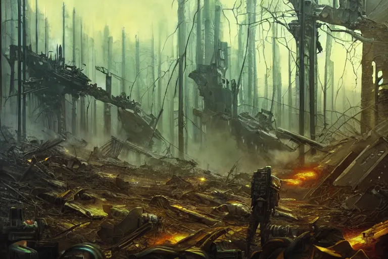 Image similar to grim oil painting of weaponized futuristic battlefield in a destroyed forest, magali villeneuve, trending on artstation