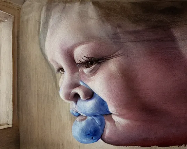 Image similar to an innocent and beautiful scene in hyper realistic style, watercolor and pen oily drawing on wood, of a fat old woman is sculpting a huge baby's head on the wall, lighting from the barred window. shadows. 4 k. wide angle. wild mood. red mouth, blue eyes. deep focus, lovely scene. ambient occlusion render. unreal engine.