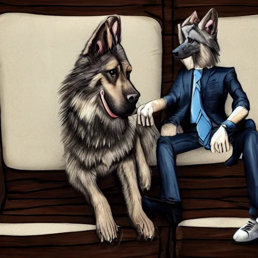 Prompt: two anthropomorphic german shepherds beast - men, they are wearing suits sitting on a couch and talking together, artstation, concept art, smooth, sharp foccus ilustration, artstation