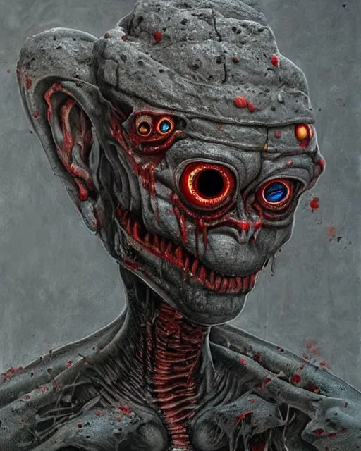 Image similar to Haunting horrifying hyperrealistic detailed painting of a tall slim spider extraterrestrial creature made of concrete stone brick, covered in, heavy metal, disgusting, creepy, unsettling, and bloodshot eyeballs, hyper detailed, trending on Artstation