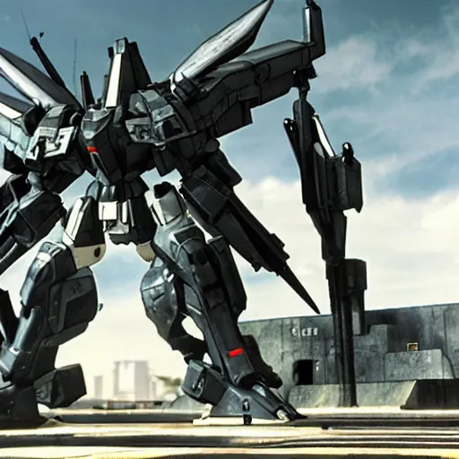 Image similar to cinematic still in ps 5 armoredcore 6, one slim full body ornate armored core with sci - fi rifle arms by fujioka kenki and by mamoru nagano,