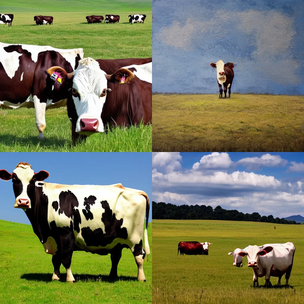 Prompt: a giant cow in a field of small cows