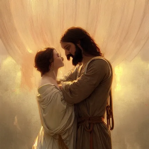 Image similar to jesus kissing a maria maddalena, elegant, highly detailed, digital painting, artstation, concept art, matte, sharp focus, illustration, art by artgerm and greg rutkowski and alphonse mucha