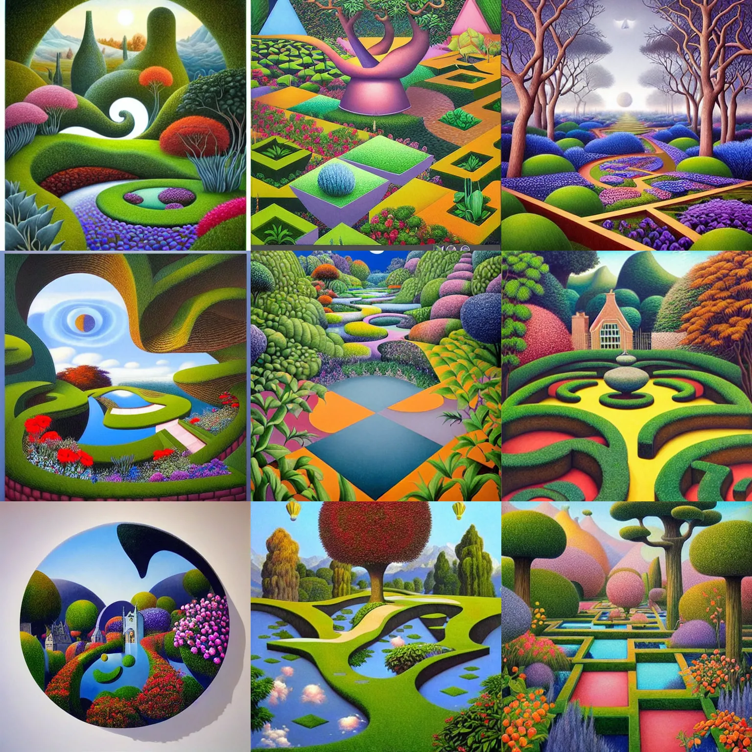 Prompt: a gorgeous, fantastic, magic garden landscape by michael kidd, escher, trending on artstation, artgerm, acrylic on canvas, muted colors, darker,!! low contrast!!, chillwave