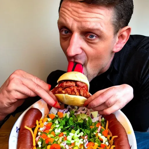 Prompt: Tim Robinson eating a hotdog bowl, like a burrito bowl but with little bits of chopped up hotdog in it