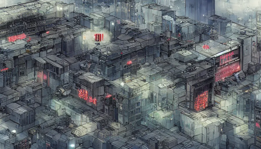 Image similar to Concept Art Illustration of neo-Tokyo Maximum Security Bank, in the Style of Akira, Syndicate Corporation, Anime, Dystopian, Highly Detailed, Helipad, Special Forces Security, Giant Crypto Vault, Docks, Shipping Containers of Money :2 Akira Movie style : 8