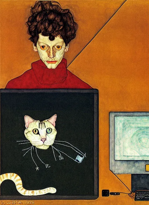 Prompt: creative python programmer with a computer and a cat in geometric harmony, by egon schiele and quint buchholz, portrait, colorful, escher++, detail