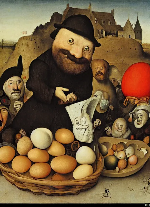 Image similar to carton of gregs'eggs with silly round humpty dumpty jack black facial expressions, realistic, by hieronymus bosch and pieter brueghel