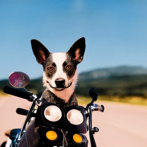 Image similar to blue heeler dog on a motorcycle, 8 k photography, blurred background of a wafflehouse