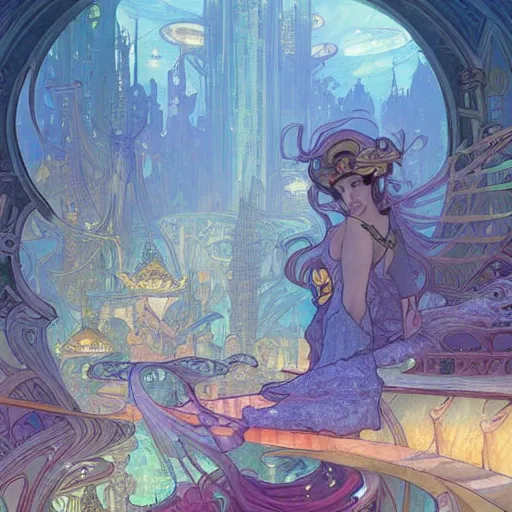 Prompt: a beautiful stunning fantasy whimsical matte digital storybook watercolor painting of the cityscape of the underwater city of Atlantis, art nouveau, vibrant pastel color palette, by Alphonse Mucha and Tyler Edlin, trending on artstation hq