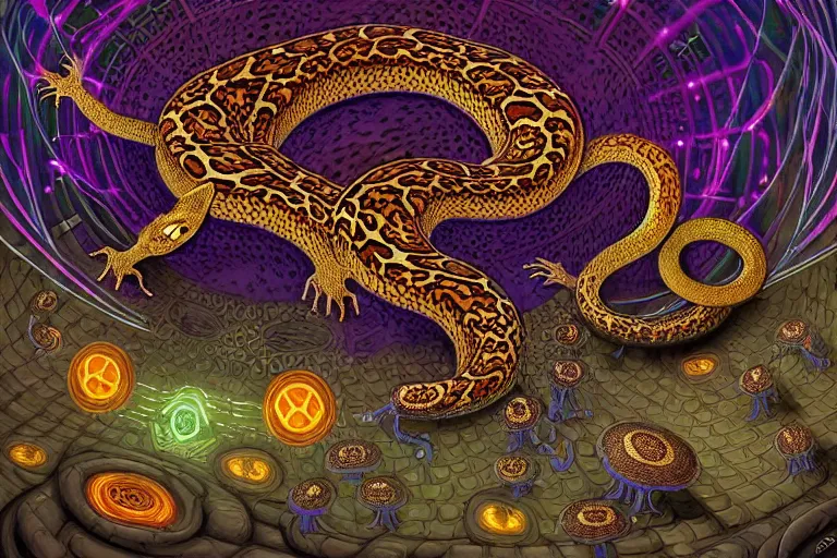 Image similar to a detailed digital art painting of a cyberpunk magick oni dragon with occult futuristic effigy of a beautiful field of mushrooms that is a adorable leopard atomic latent snakes in between ferret biomorphic molecular hallucinations in the style of escher, alex grey, stephen gammell inspired by realism, symbolism, magical realism and dark fantasy, crisp,