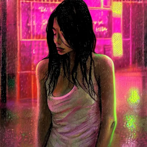 Prompt: a portrait of a beautiful model girl, in the rain, outside a neon light street, in the style of kin kagetsu, wlop, chuck close, high detail, hyperrealistic photographic, soft high key lighting, intricate concept art,