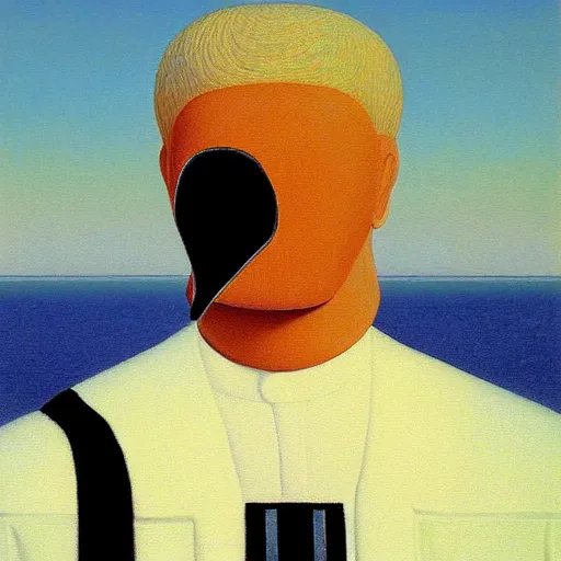 Image similar to portrait of darth vader at the beach, painting by rene magritte, high detail, high resolution