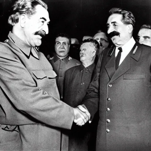 Image similar to stalin shaking hands with thomas sowell