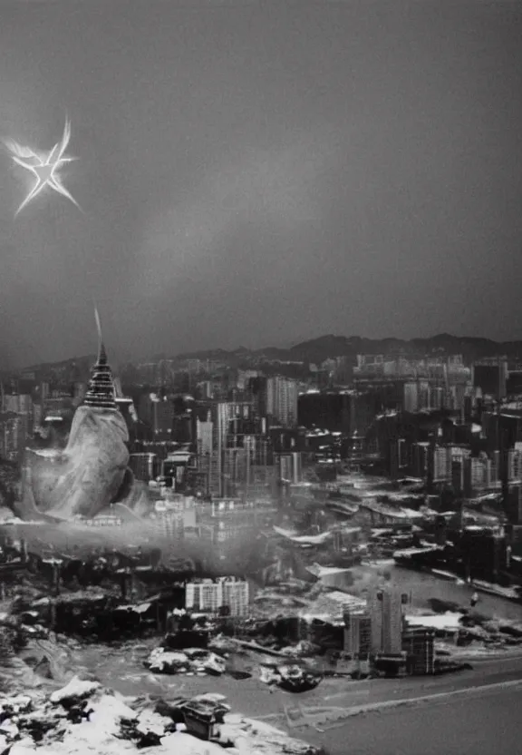 Image similar to Pulgasari the North Korean starfish monster destroying Pyongyang city, volumetric lighting, filmstill, produced by Kim Jong-il, Kodachrome, kaiju-eiga, monster movie, communist propaganda, film noir, 35mm film grain, Cooke Varotal 20-100mm T3.1, in the style of Ishirō Honda and Orson Welles