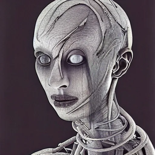 Image similar to portrait of eerily beautiful hairless avant-garde androgynous cyborg with shaved head and H.R. Giger clear tubes entering the side of her head and cheek, by Yoshitaka Amano