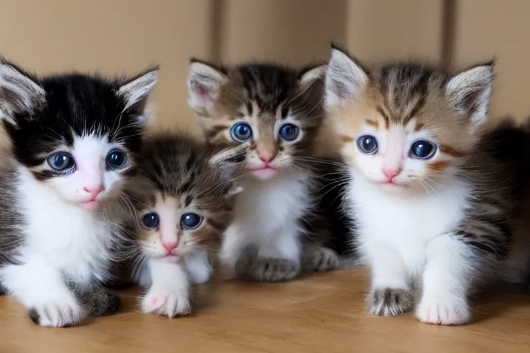 Prompt: exactly five kittens in a room and the kittens are looking directly into the focal point of the camera