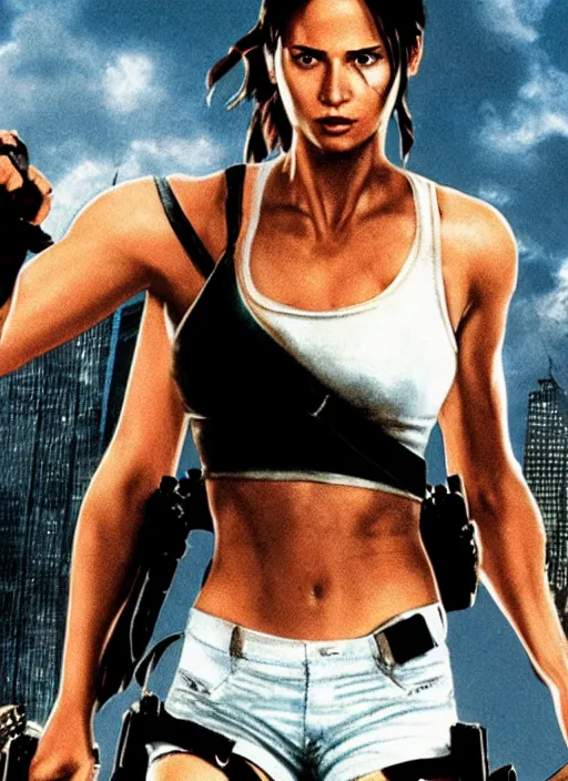 Prompt: film still of Lara Croft as John McClane in Die Hard, thicc, large chest, crop top, white thong, 4k