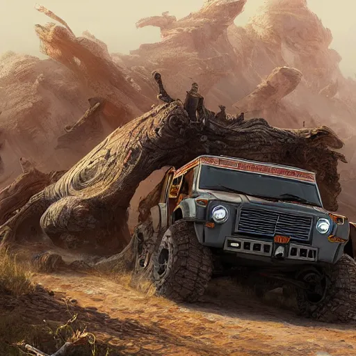 Prompt: full view of a off-road truck, intricate, elegant, highly detailed, digital painting, concept art, smooth, sharp focus, art style from Greg Rutkowski and Bruce Kaiser and Scott Robertson and Dmitry Mazurkevich and Doruk Erdem and Jon Sibal