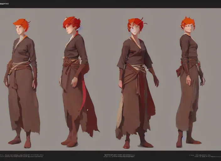 Image similar to character sheet for a ginger woman, for genshin impact by greg rutkowski, james gilleard, atey ghailan, makoto shinkai, goro fujita, studio ghibli, rim light, exquisite lighting, clear focus, very coherent, plain background, soft painting by huang guangjian and gil elvgren and sachin teng