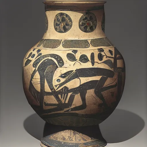 Prompt: medium-shot studio photo of an ancient greek vase with frogs and ornaments, British museum,