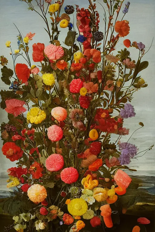 Image similar to still life of a bouquet of gummy bear in the shape of different flowers, but the flowers are actually gummy bears and jelly beans, delicious rubbery translucent squishy sweets, soft light, highly detailed, close up, Northern Renaissance