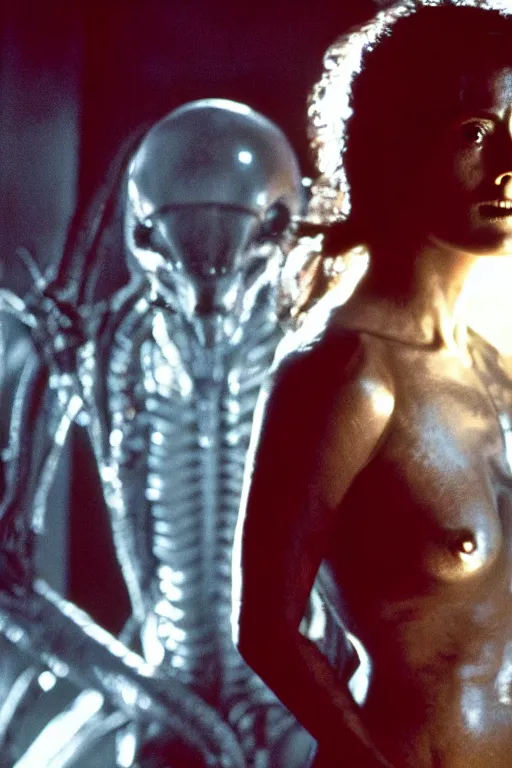 Image similar to film still of salma hayek in the movie Alien, xenomorph mounted on her, cinematic shot, scary, fear emotions, ambient lighting 4k.