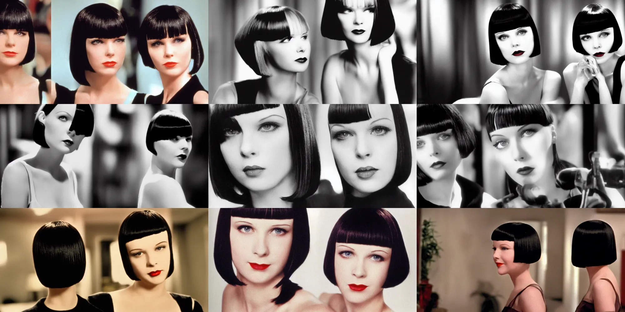 Prompt: mary louise brooks 2 5 years old, in pulp fiction 1 9 9 4, bob haircut, filmic,