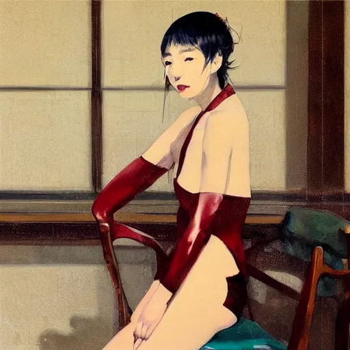 Image similar to oil painting by wlop, conrad roset, coby whitmore, of a youthful japanese beauty sitting on antique chair leaning against a desk, sideview, victorian room