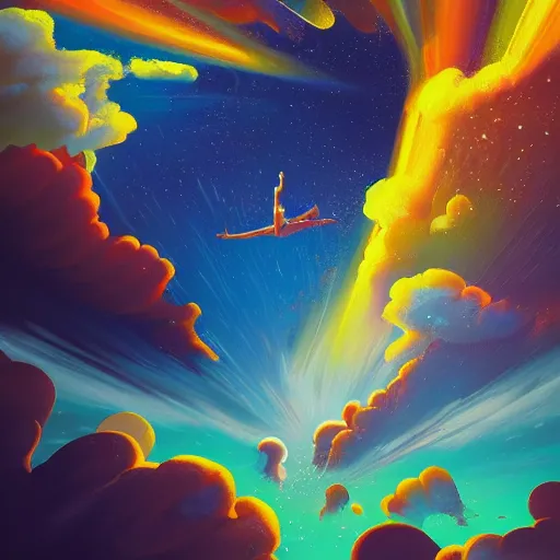 Image similar to a painting of a person flying through the sky, an ultrafine detailed painting by petros afshar, shutterstock contest winner, metaphysical painting, sense of awe, behance hd, windows vista