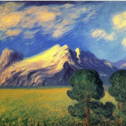 Image similar to achingly beautiful painting of alpine mountains and dramatic soft couds, dramatic twilight by rene magritte, monet, and turner