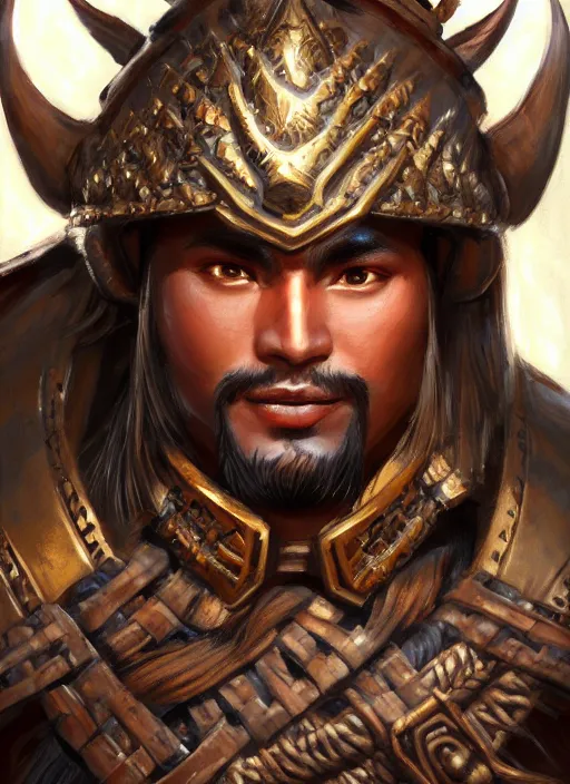 Image similar to smart tai warlord, closeup portrait, historical, ethnic group, traditional tai costume, bronze headset, fantasy, intricate, with leather armor cross onbare chest, elegant, loin cloth, highly detailed, oill painting, artstation, concept art, matte, sharp focus, illustration, hearthstone, art by earl norem