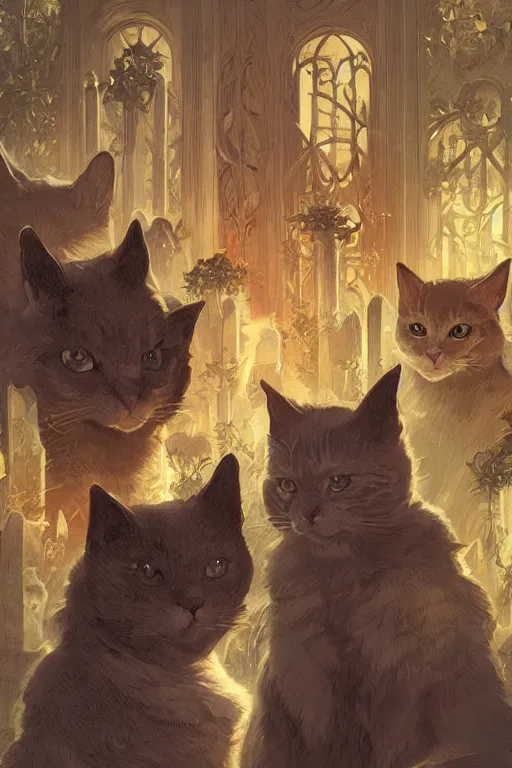 Image similar to moody digital illustration of group of cats gathered at the cemetery at midnight, highly detailed, digital painting, artstation, concept art, sharp focus, illustration, art by artgerm and greg rutkowski and alphonse mucha