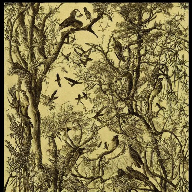 Image similar to mysterious forest with birds, by ernst haeckel :: pyrography :: very beautiful! dreamy, poetic, melancholy