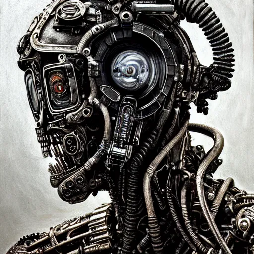 Image similar to ultra realist intricate detailed painting of a single rugged cyborg male, bearded face and cyborg tech on body, symmetry accurate features, cyberpunk, industrial, apocalyptic, very intricate details, focus, high resolution, 4 k, artstyle h. r. giger and hiraku tanaka, award winning